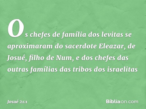 Os chefes de família dos levitas se aproximaram do sacerdote Eleazar, de Josué, filho de Num, e dos chefes das outras famílias das tribos dos israelitas -- Josu