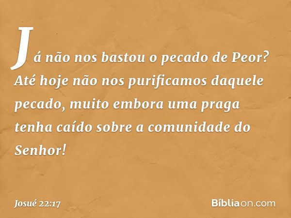 Já não nos bastou o pecado de Peor? Até hoje não nos purificamos daquele pecado, muito embora uma praga tenha caído sobre a comunidade do Senhor! -- Josué 22:17