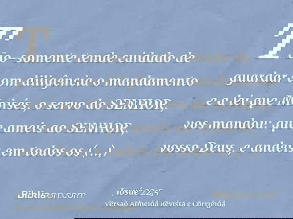 Tão-somente tende cuidado de guardar com diligência o mandamento e a lei que Moisés, o servo do SENHOR, vos mandou: que ameis ao SENHOR, vosso Deus, e andeis em
