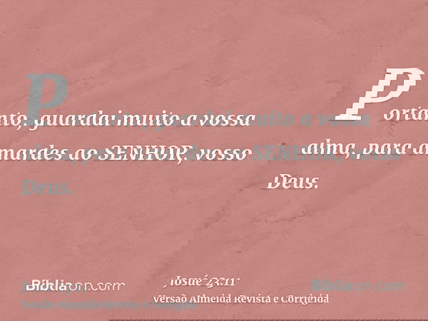 Portanto, guardai muito a vossa alma, para amardes ao SENHOR, vosso Deus.