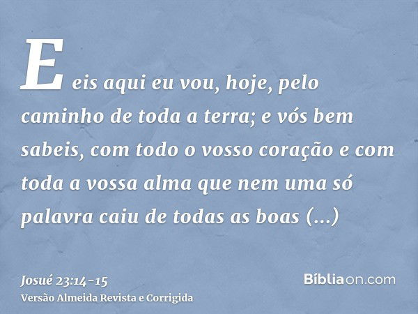 E eis aqui eu vou, hoje, pelo caminho de toda a terra; e vós bem sabeis, com todo o vosso coração e com toda a vossa alma que nem uma só palavra caiu de todas a