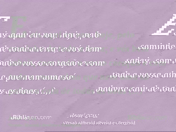 E eis aqui eu vou, hoje, pelo caminho de toda a terra; e vós bem sabeis, com todo o vosso coração e com toda a vossa alma que nem uma só palavra caiu de todas a