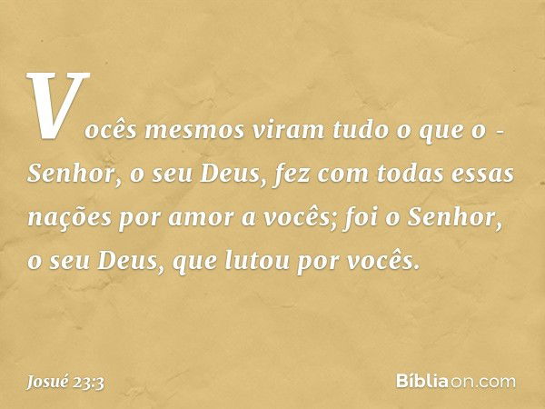 Vocês mesmos viram tudo o que o ­Senhor, o seu Deus, fez com todas essas nações por amor a vocês; foi o Senhor, o seu Deus, que lutou por vocês. -- Josué 23:3