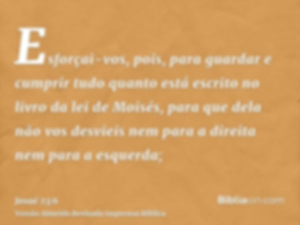 Esforçai-vos, pois, para guardar e cumprir tudo quanto está escrito no livro da lei de Moisés, para que dela não vos desvieis nem para a direita nem para a esqu