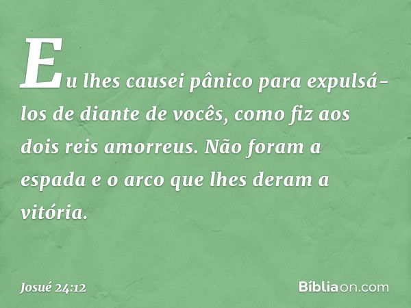 Eu lhes causei pânico para expulsá-los de diante de vocês, como fiz aos dois reis amorreus. Não foram a espada e o arco que lhes deram a vitória. -- Josué 24:12