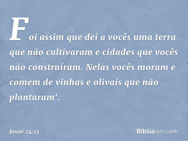 Foi assim que dei a vocês uma terra que não cultivaram e cida­des que vocês não construíram. Nelas vocês moram e comem de vinhas e olivais que não plantaram'. -