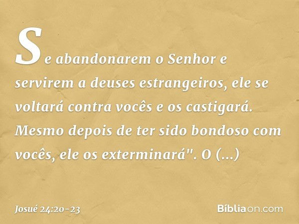 Se abandonarem o Senhor e servirem a deuses estrangeiros, ele se voltará contra vocês e os castigará. Mesmo de­pois de ter sido bondoso com vocês, ele os ex­ter