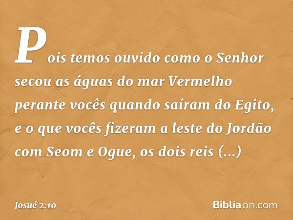 Pois temos ouvido como o Senhor secou as águas do mar Vermelho perante vocês quando saíram do Egito, e o que vocês fizeram a leste do Jordão com Seom e Ogue, os