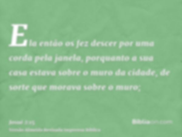 Ela então os fez descer por uma corda pela janela, porquanto a sua casa estava sobre o muro da cidade, de sorte que morava sobre o muro;