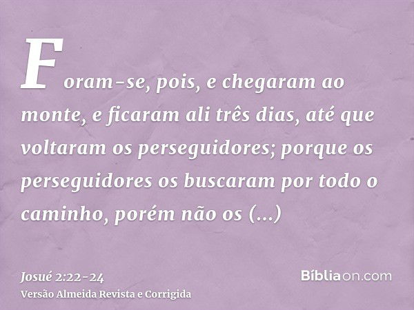 Foram-se, pois, e chegaram ao monte, e ficaram ali três dias, até que voltaram os perseguidores; porque os perseguidores os buscaram por todo o caminho, porém n