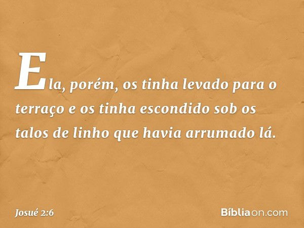 Ela, porém, os tinha levado para o terraço e os tinha escondido sob os talos de linho que havia arrumado lá. -- Josué 2:6