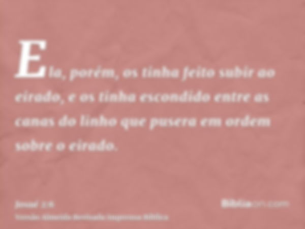 Ela, porém, os tinha feito subir ao eirado, e os tinha escondido entre as canas do linho que pusera em ordem sobre o eirado.