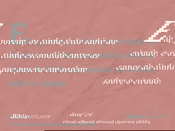 Ela, porém, os tinha feito subir ao eirado, e os tinha escondido entre as canas do linho que pusera em ordem sobre o eirado.