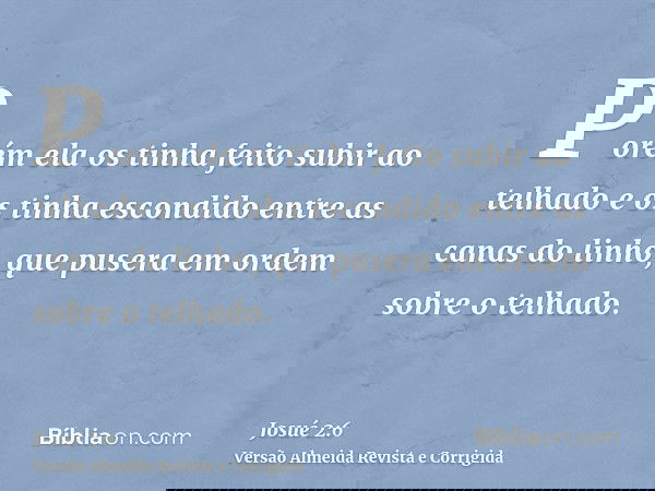 Porém ela os tinha feito subir ao telhado e os tinha escondido entre as canas do linho, que pusera em ordem sobre o telhado.