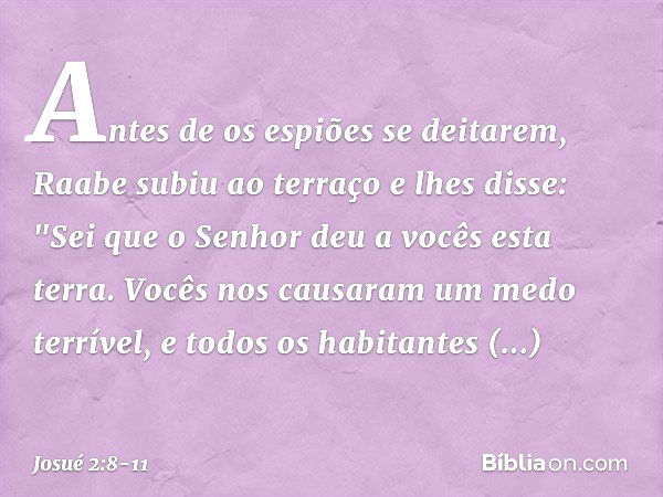 Antes de os espiões se deitarem, Raabe subiu ao terraço e lhes disse: "Sei que o Senhor deu a vocês esta terra. Vocês nos causaram um medo terrível, e todos os 