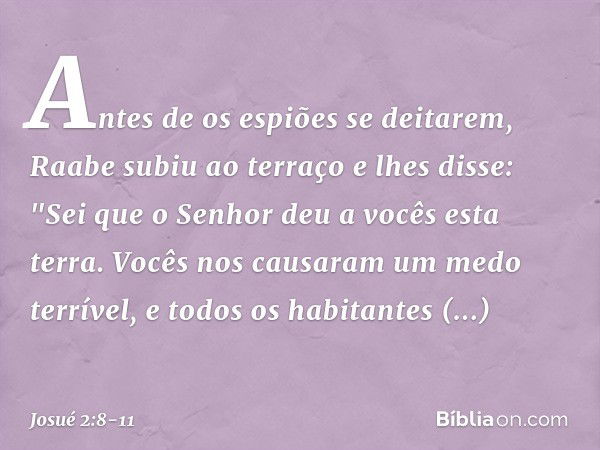 Antes de os espiões se deitarem, Raabe subiu ao terraço e lhes disse: "Sei que o Senhor deu a vocês esta terra. Vocês nos causaram um medo terrível, e todos os 