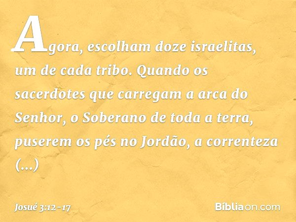 Ago­ra, escolham doze israelitas, um de cada tribo. Quando os sacerdotes que carregam a arca do Senhor, o Soberano de toda a terra, puserem os pés no Jordão, a 