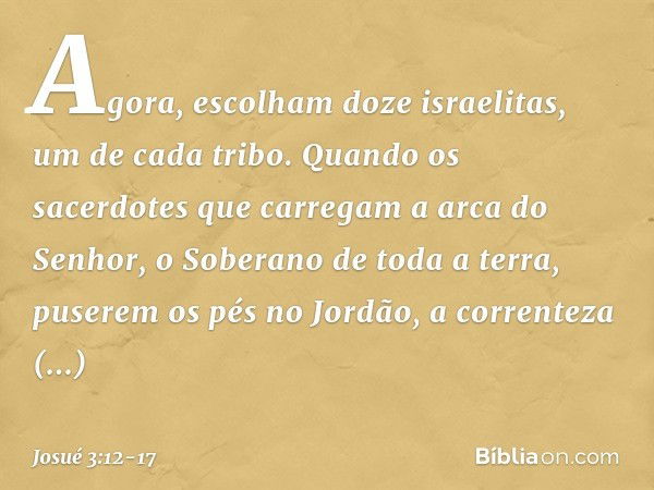 Ago­ra, escolham doze israelitas, um de cada tribo. Quando os sacerdotes que carregam a arca do Senhor, o Soberano de toda a terra, puserem os pés no Jordão, a 