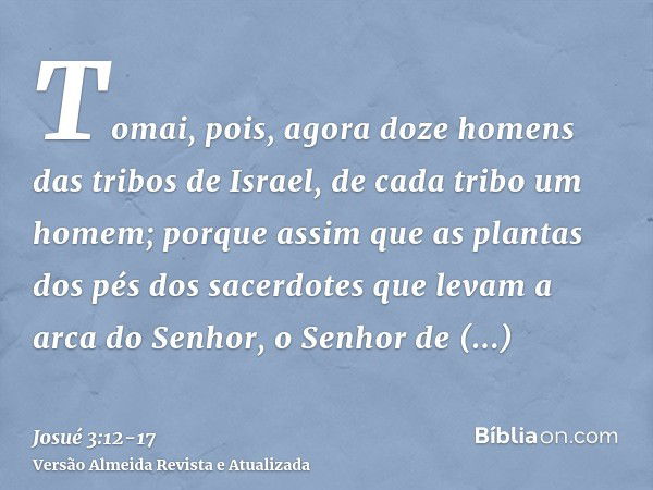 Tomai, pois, agora doze homens das tribos de Israel, de cada tribo um homem;porque assim que as plantas dos pés dos sacerdotes que levam a arca do Senhor, o Sen