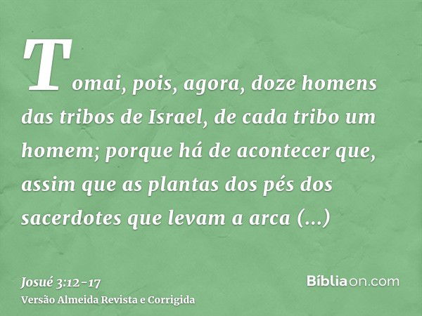 Tomai, pois, agora, doze homens das tribos de Israel, de cada tribo um homem;porque há de acontecer que, assim que as plantas dos pés dos sacerdotes que levam a