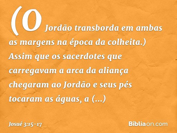 (O Jordão transborda em ambas as margens na época da colheita.) Assim que os sacerdotes que carregavam a arca da aliança chegaram ao Jordão e seus pés tocaram a