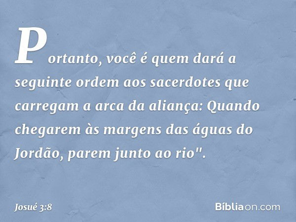 Portanto, você é quem dará a seguinte ordem aos sacerdotes que carregam a arca da aliança: Quando chegarem às margens das águas do Jordão, parem junto ao rio". 