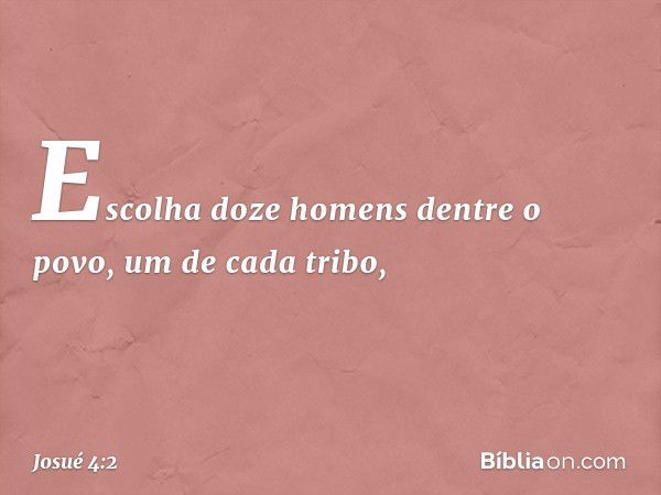 "Esco­lha doze homens dentre o povo, um de cada tribo, -- Josué 4:2