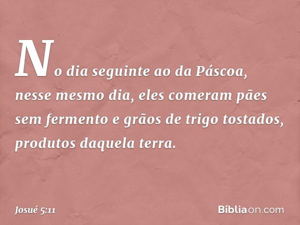 No dia seguinte ao da Páscoa, nesse mesmo dia, eles comeram pães sem fermento e grãos de trigo tostados, produtos daquela terra. -- Josué 5:11