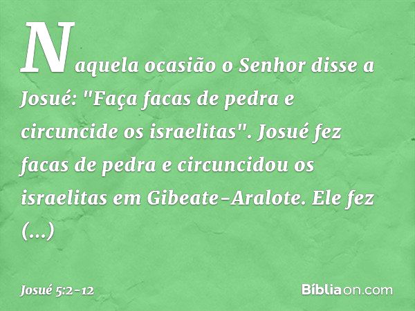 Naquela ocasião o Senhor disse a Josué: "Faça facas de pedra e circuncide os israelitas". Josué fez facas de pedra e circuncidou os israelitas em Gibeate-Aralot