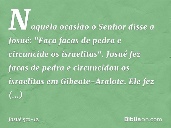 Naquela ocasião o Senhor disse a Josué: "Faça facas de pedra e circuncide os israelitas". Josué fez facas de pedra e circuncidou os israelitas em Gibeate-Aralot