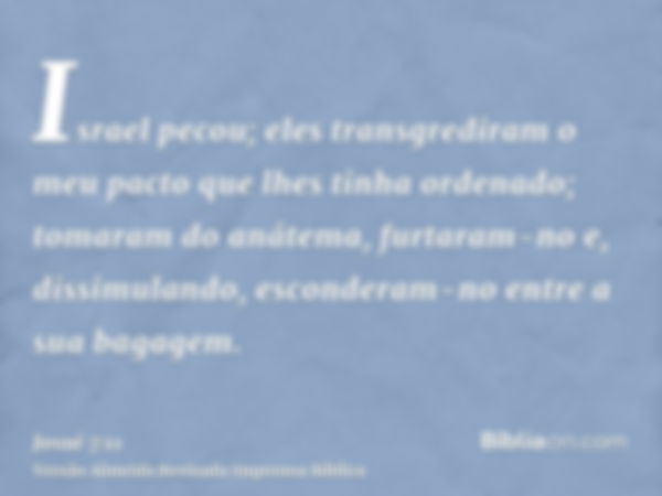 Israel pecou; eles transgrediram o meu pacto que lhes tinha ordenado; tomaram do anátema, furtaram-no e, dissimulando, esconderam-no entre a sua bagagem.