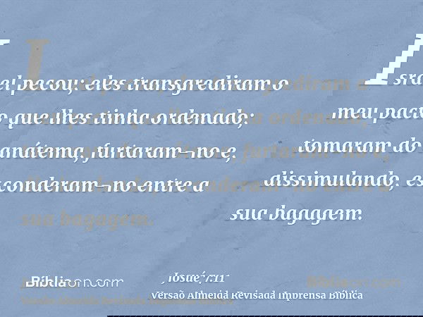 Israel pecou; eles transgrediram o meu pacto que lhes tinha ordenado; tomaram do anátema, furtaram-no e, dissimulando, esconderam-no entre a sua bagagem.