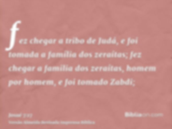 fez chegar a tribo de Judá, e foi tomada a família dos zeraítas; fez chegar a familia dos zeraítas, homem por homem, e foi tomado Zabdi;