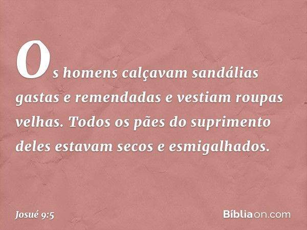 Os homens calçavam sandálias gastas e remendadas e vestiam roupas velhas. Todos os pães do suprimento deles estavam secos e esmigalhados. -- Josué 9:5