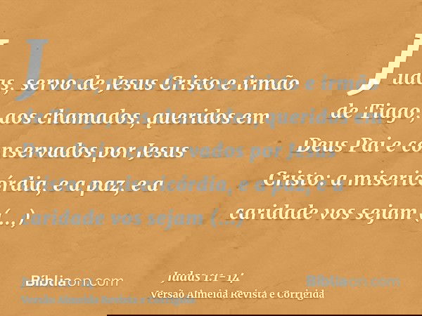 Judas, servo de Jesus Cristo e irmão de Tiago, aos chamados, queridos em Deus Pai e conservados por Jesus Cristo:a misericórdia, e a paz, e a caridade vos sejam