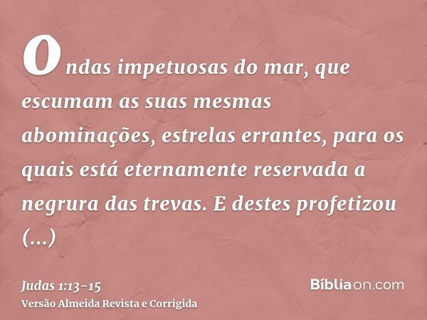 ondas impetuosas do mar, que escumam as suas mesmas abominações, estrelas errantes, para os quais está eternamente reservada a negrura das trevas.E destes profe