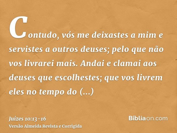 Contudo, vós me deixastes a mim e servistes a outros deuses; pelo que não vos livrarei mais.Andai e clamai aos deuses que escolhestes; que vos livrem eles no te