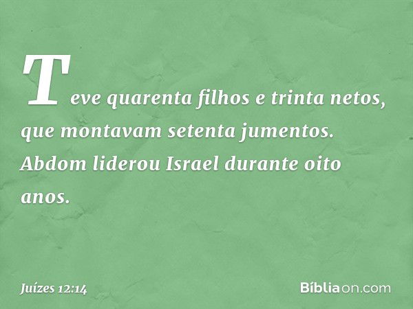 Teve quarenta filhos e trinta netos, que montavam setenta jumentos. Abdom liderou Israel durante oito anos. -- Juízes 12:14