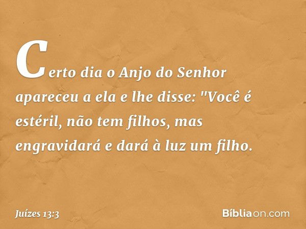 Certo dia o Anjo do Senhor apareceu a ela e lhe disse: "Você é estéril, não tem filhos, mas engravidará e dará à luz um filho. -- Juízes 13:3