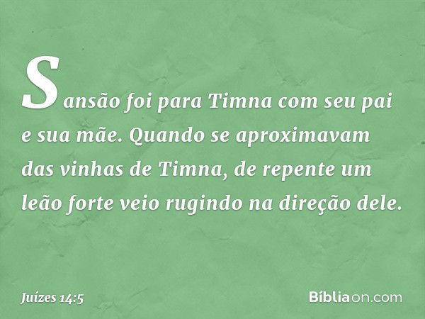 Sansão foi para Timna com seu pai e sua mãe. Quando se aproximavam das vinhas de Timna, de repente um leão forte veio rugindo na direção dele. -- Juízes 14:5