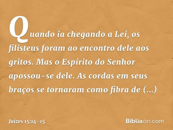 Quando ia chegando a Leí, os filisteus foram ao encontro dele aos gritos. Mas o Espírito do Senhor apossou-se dele. As cordas em seus braços se tornaram como fi