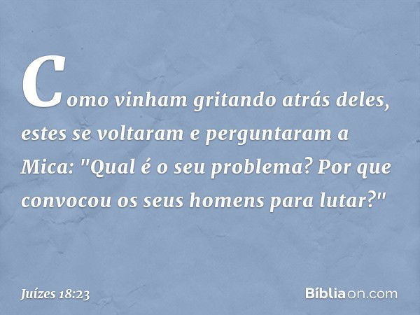 Como vinham gritando atrás deles, estes se voltaram e perguntaram a Mica: "Qual é o seu problema? Por que convocou os seus homens para lutar?" -- Juízes 18:23