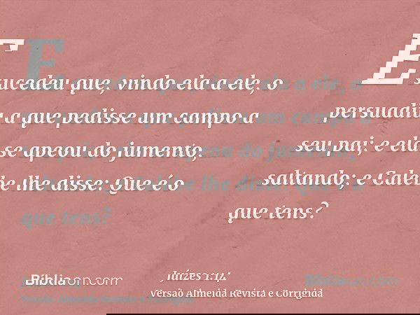 E sucedeu que, vindo ela a ele, o persuadiu a que pedisse um campo a seu pai; e ela se apeou do jumento, saltando; e Calebe lhe disse: Que é o que tens?