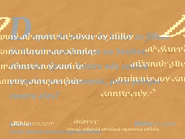 Depois da morte de Josué os filhos de Israel consultaram ao Senhor, dizendo: Quem dentre nós subirá primeiro aos cananeus, para pelejar contra eles?
