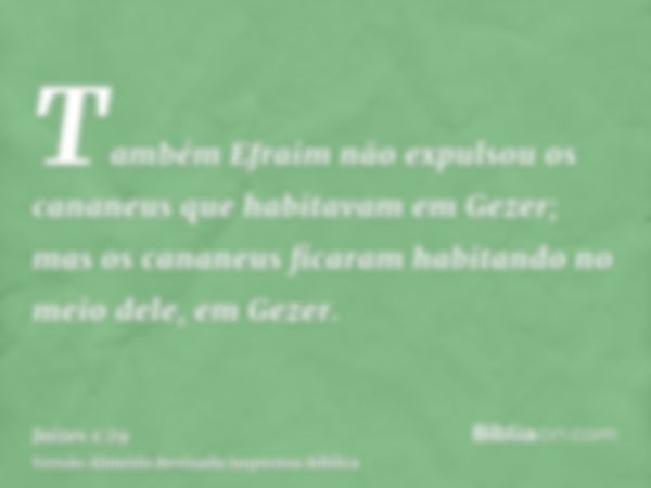 Também Efraim não expulsou os cananeus que habitavam em Gezer; mas os cananeus ficaram habitando no meio dele, em Gezer.