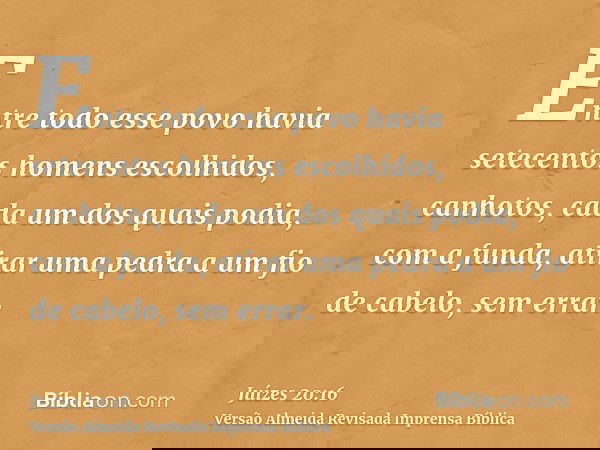 Entre todo esse povo havia setecentos homens escolhidos, canhotos, cada um dos quais podia, com a funda, atirar uma pedra a um fio de cabelo, sem errar.
