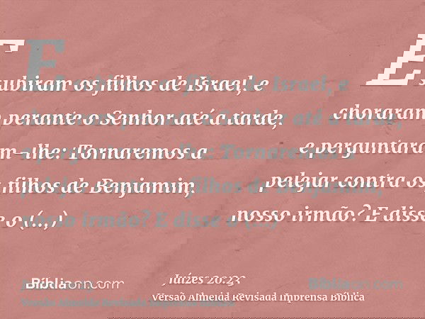 E subiram os filhos de Israel, e choraram perante o Senhor até a tarde, e perguntaram-lhe: Tornaremos a pelejar contra os filhos de Benjamim, nosso irmão? E dis