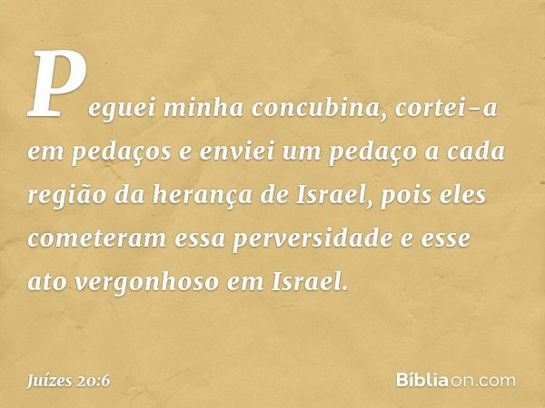 Peguei minha concubina, cortei-a em pedaços e enviei um pedaço a cada região da herança de Israel, pois eles cometeram essa perversidade e esse ato vergonhoso e