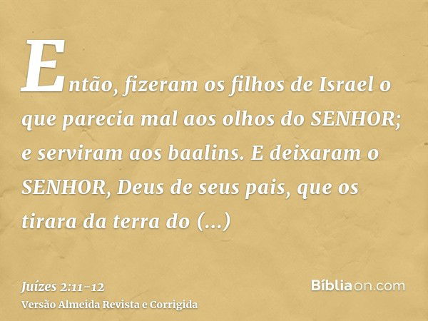 Então, fizeram os filhos de Israel o que parecia mal aos olhos do SENHOR; e serviram aos baalins.E deixaram o SENHOR, Deus de seus pais, que os tirara da terra 