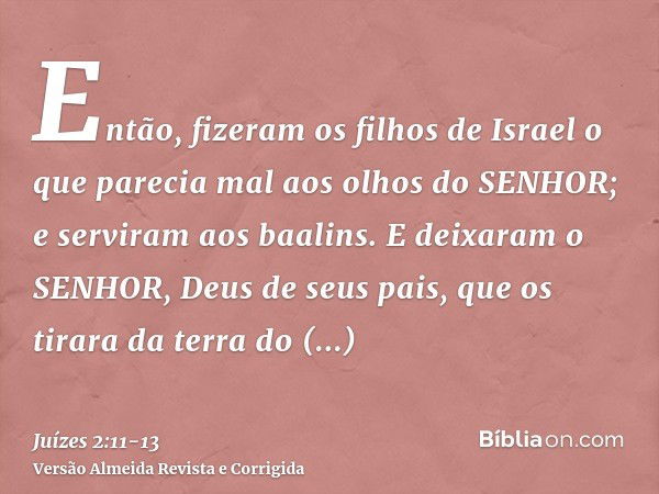 Então, fizeram os filhos de Israel o que parecia mal aos olhos do SENHOR; e serviram aos baalins.E deixaram o SENHOR, Deus de seus pais, que os tirara da terra 